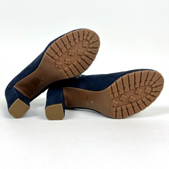 ALL BLACK Brand Booties Navy Suede Heels Asymmetrical Vamp Fashion Forward Sz 39 - Picture 8 of 11